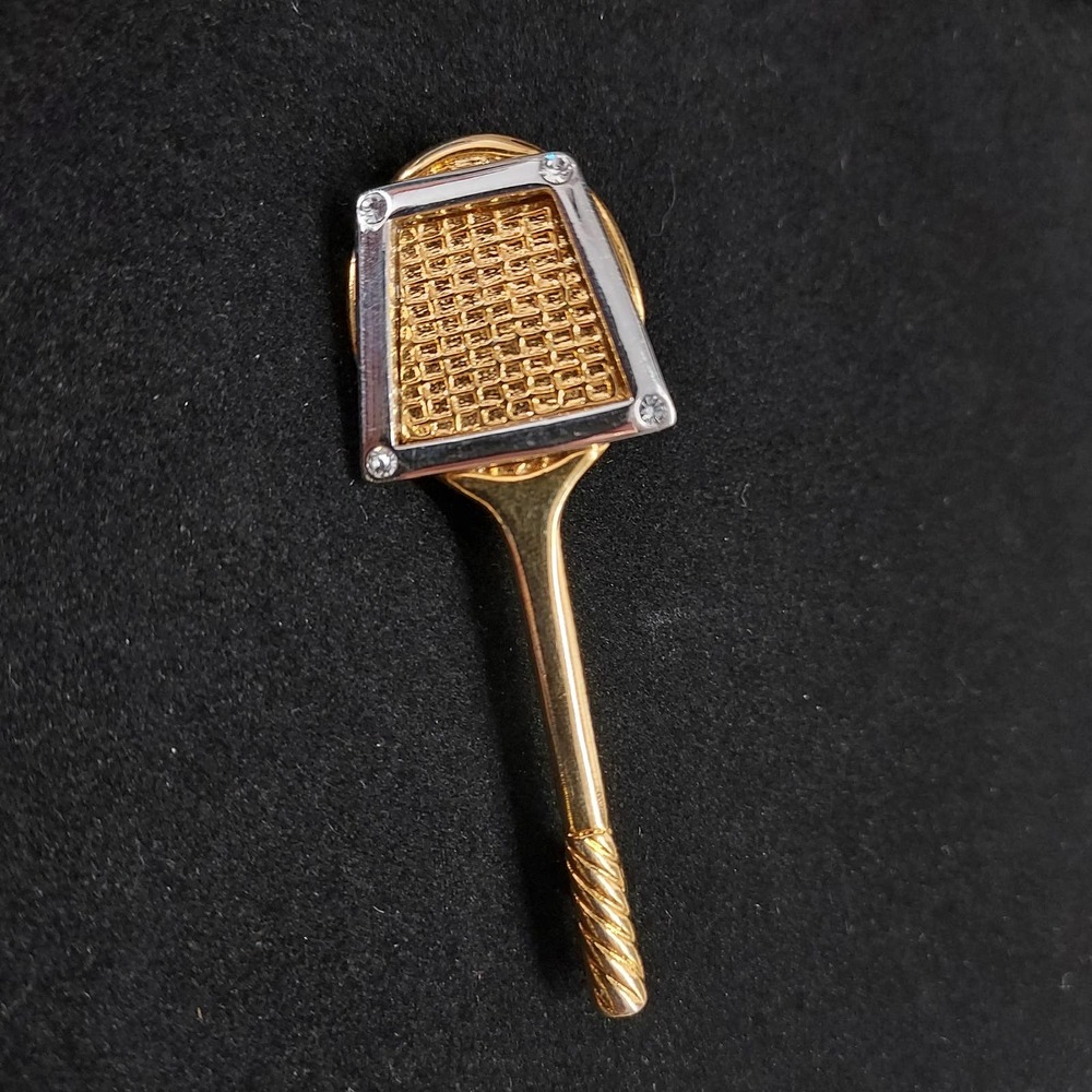 Vintage Liz Claiborne Tennis Racket Brooch Gold and Silver Tone Rhinestone